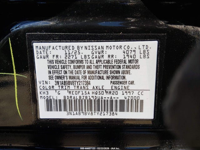 Продажа на аукционе авто 2026 Nissan Sentra S, vin: 3N1AB9BV8TY217384, номер лота: 44457123