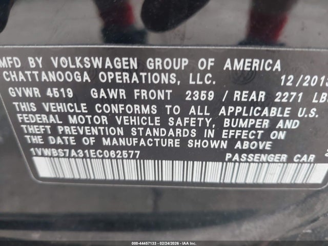44457133 :رقم المزاد ، 1VWBS7A31EC062577 vin ، 2014 Volkswagen Passat 1.8t Se مزاد بيع