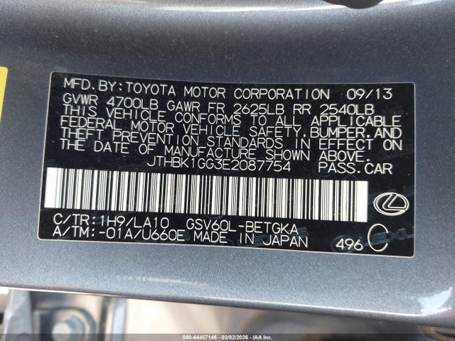 44457146 :رقم المزاد ، JTHBK1GG3E2087754 vin ، 2014 Lexus Es 350 مزاد بيع