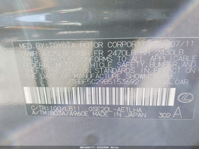 Aukcja sprzedaży 2011 Lexus Is 250, vin: JTHBF5C29B5153692, numer aukcji: 44457171