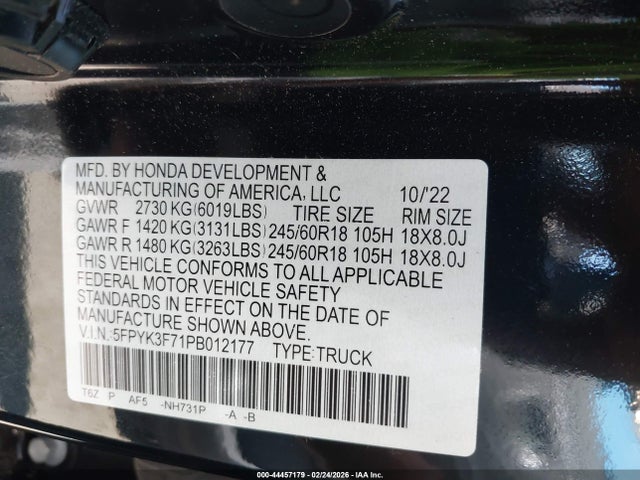5FPYK3F71PB012177 Honda Ridgeline Rtl-e
