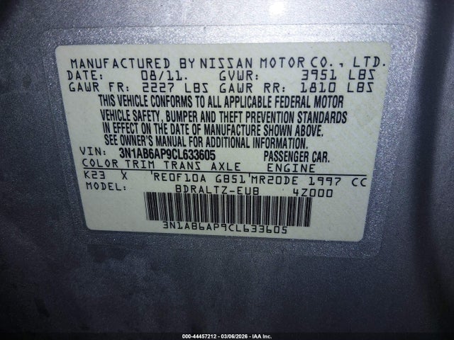 Aukcja sprzedaży 2012 Nissan Sentra 2.0 Sr, vin: 3N1AB6AP9CL633605, numer aukcji: 44457212
