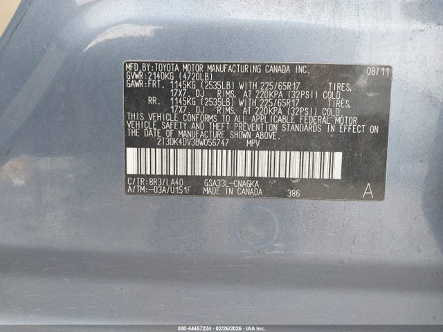 44457224 :رقم المزاد ، 2T3DK4DV3BW056747 vin ، 2011 Toyota Rav4 Limited V6 مزاد بيع