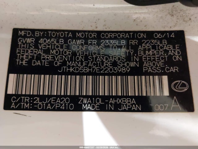 Aukcja sprzedaży 2014 Lexus Ct 200h, vin: JTHKD5BH7E2203989, numer aukcji: 44457237