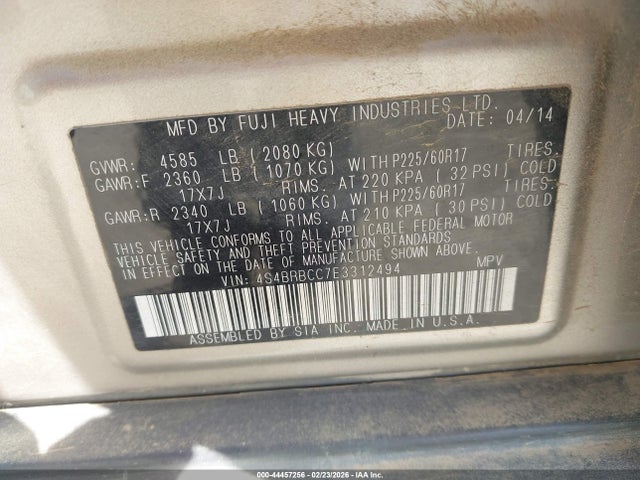 44457256 :رقم المزاد ، 4S4BRBCC7E3312494 vin ، 2014 Subaru Outback 2.5i Premium مزاد بيع