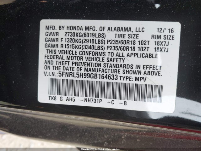 Продажа на аукционе авто 2016 Honda Odyssey Touring/touring Elite, vin: 5FNRL5H99GB164633, номер лота: 44457375