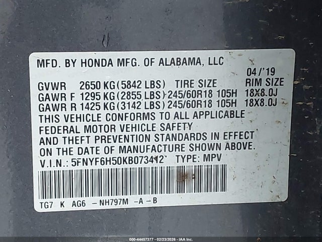 5FNYF6H50KB073412 Honda Pilot Ex-l