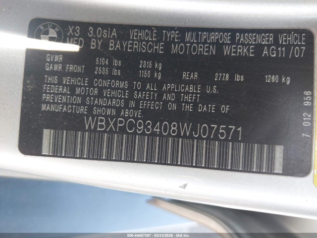 44457397 :رقم المزاد ، WBXPC93408WJ07571 vin ، 2008 Bmw X3 3.0si مزاد بيع