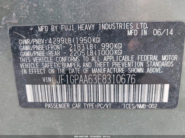 Aukcja sprzedaży 2014 Subaru Impreza 2.0i, vin: JF1GPAA63E8310676, numer aukcji: 44457398