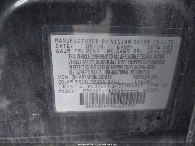 2019 Nissan Sentra Sv მანქანა იყიდება აუქციონზე, vin: 3N1AB7AP3KL607974, აუქციონის ნომერი: 44457399