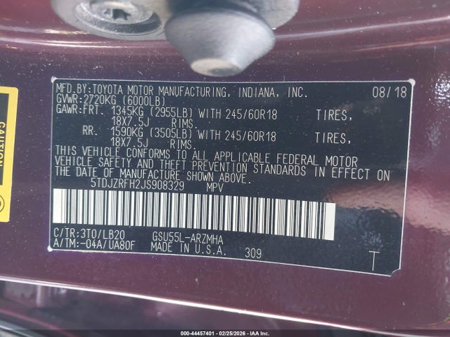 5TDJZRFH2JS908329 Toyota Highlander Xle