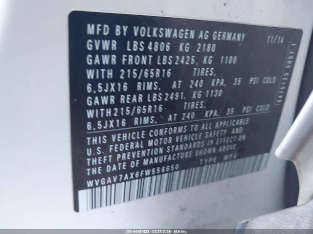 WVGAV7AX6FW556650 Volkswagen TIGUAN S