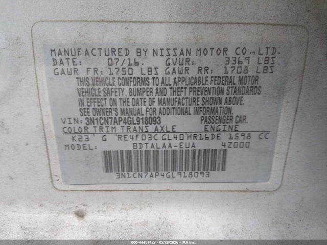 Продажа на аукционе авто 2016 Nissan Versa 1.6 S, vin: 3N1CN7AP4GL918093, номер лота: 44457427
