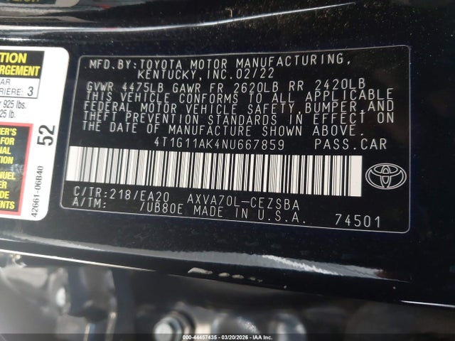 Toyota CAMRY SE 2022 4T1G11AK4NU667859 Image 9