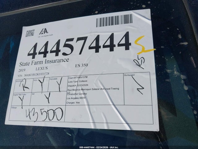 Продажа на аукционе авто 2019 Lexus Es 350, vin: 58ABZ1B12KU031728, номер лота: 44457444