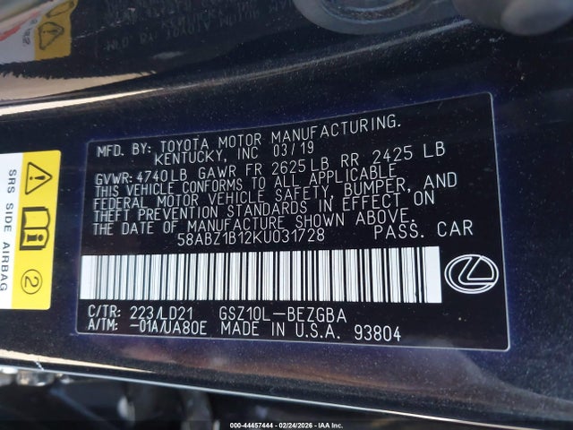 Продажа на аукционе авто 2019 Lexus Es 350, vin: 58ABZ1B12KU031728, номер лота: 44457444