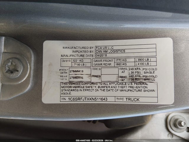 2019 Ram 1500 Laramie მანქანა იყიდება აუქციონზე, vin: 1C6SRFJTXKN511643, აუქციონის ნომერი: 44457450