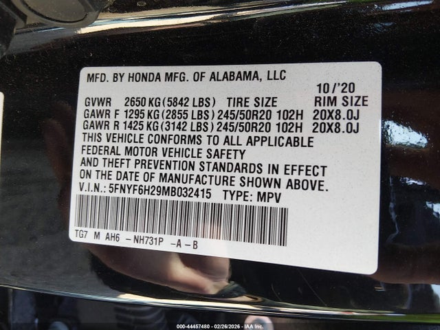 44457480 :رقم المزاد ، 5FNYF6H29MB032415 vin ، 2021 Honda Pilot Awd Special Edition مزاد بيع