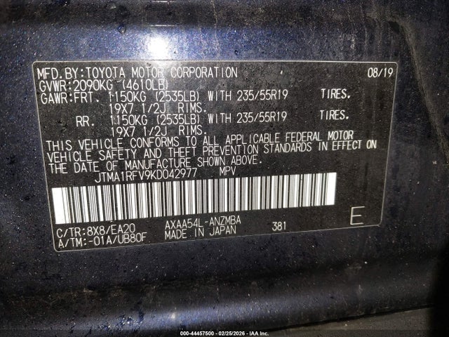 2019 Toyota Rav4 Xle Premium მანქანა იყიდება აუქციონზე, vin: JTMA1RFV9KD042977, აუქციონის ნომერი: 44457500