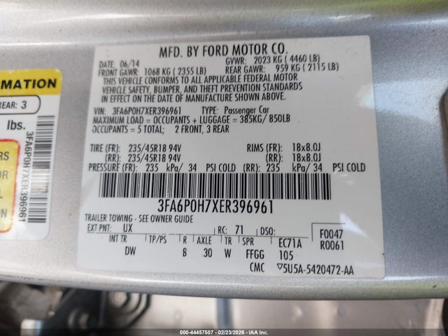 2014 FORD FUSION 3FA6P0H7XER396961 Photo 8