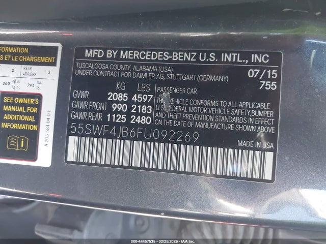 2015 Mercedes-benz C 300 Sport მანქანა იყიდება აუქციონზე, vin: 55SWF4JB6FU092269, აუქციონის ნომერი: 44457535
