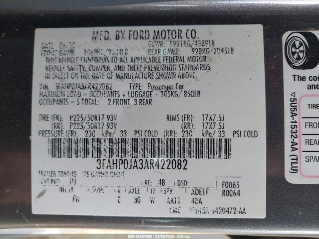 Aukcja sprzedaży 2010 Ford Fusion Sel, vin: 3FAHP0JA3AR422082, numer aukcji: 44457550