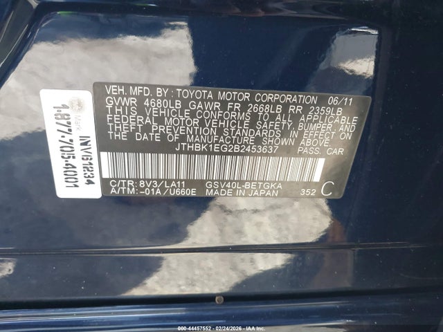 Aukcja sprzedaży 2011 Lexus Es 350, vin: JTHBK1EG2B2453637, numer aukcji: 44457552