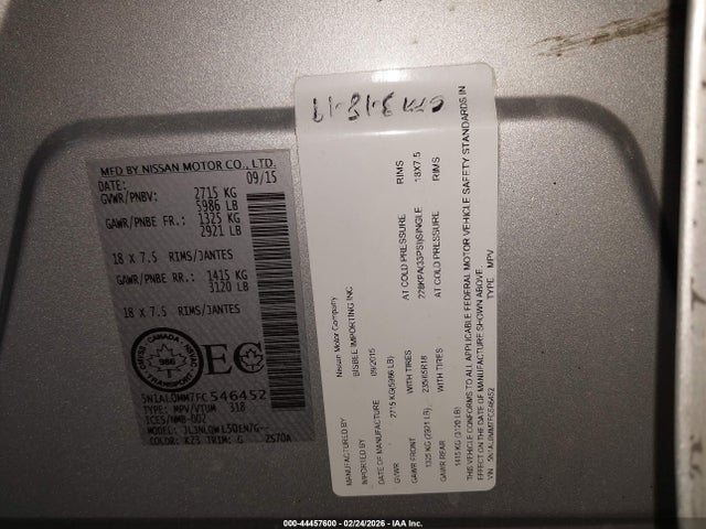 44457600 :رقم المزاد ، 5N1AL0MM7FC546452 vin ، 2015 Infiniti Qx60 مزاد بيع