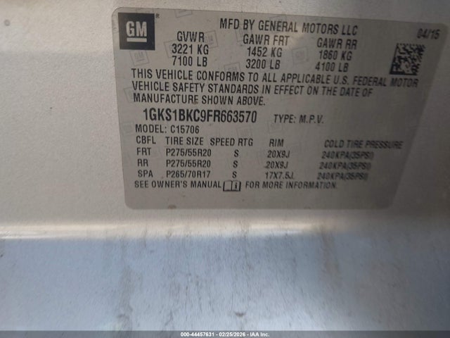 Aukcja sprzedaży 2015 Gmc Yukon Slt, vin: 1GKS1BKC9FR663570, numer aukcji: 44457631