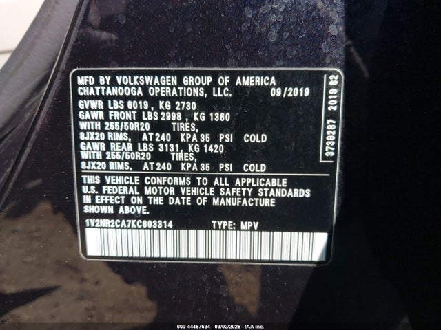 44457634 :رقم المزاد ، 1V2NR2CA7KC603314 vin ، 2019 Volkswagen Atlas 3.6l V6 Sel Premium مزاد بيع