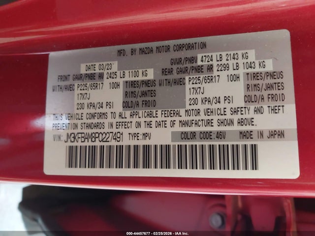 44457677 :رقم المزاد ، JM3KFBAM8P0227491 vin ، 2023 Mazda Cx-5 2.5 S مزاد بيع