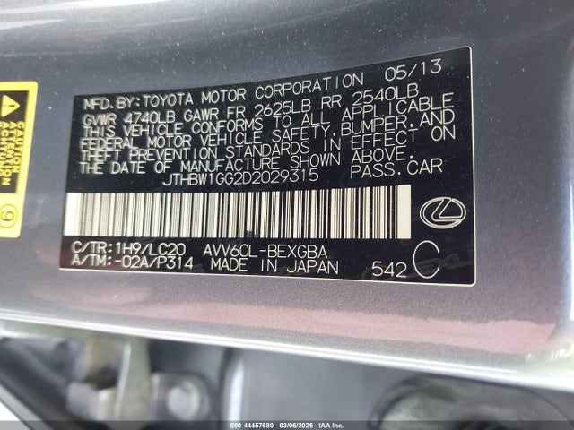 Продаж на аукціоні авто 2013 Lexus Es 300h, vin: JTHBW1GG2D2029315, номер лоту: 44457680