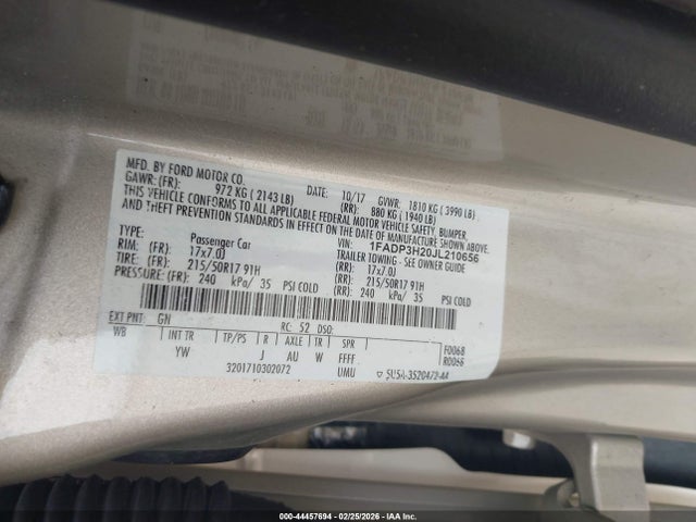 1FADP3H20JL210656 Ford FOCUS SEL