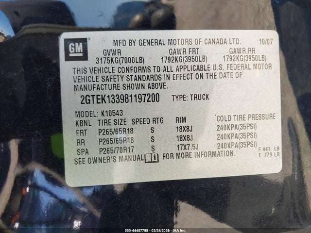 Aukcja sprzedaży 2008 Gmc Sierra 1500 Slt, vin: 2GTEK133981197200, numer aukcji: 44457758