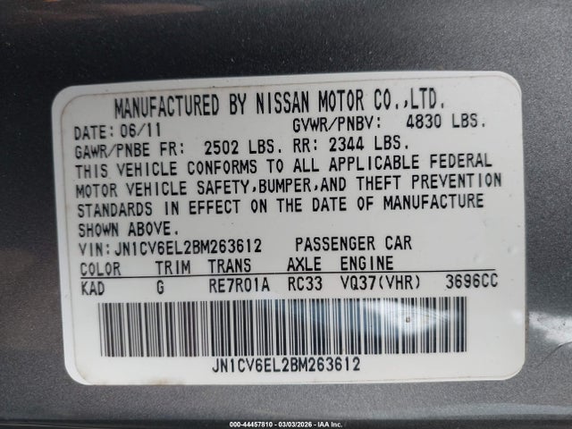 44457810 :رقم المزاد ، JN1CV6EL2BM263612 vin ، 2011 Infiniti G37x مزاد بيع