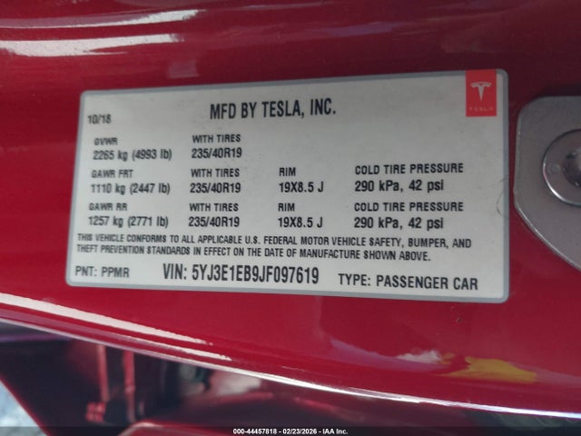 Aukcja sprzedaży 2018 Tesla Model 3 Long Range/performance, vin: 5YJ3E1EB9JF097619, numer aukcji: 44457818