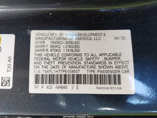 19XFL1H77PE008607 Honda Civic Ex-l/ex-l W/o Bsi