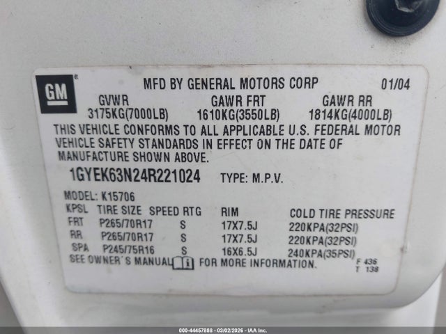 2004 CADILLAC ESCALADE 1GYEK63N24R221024 Photo 8