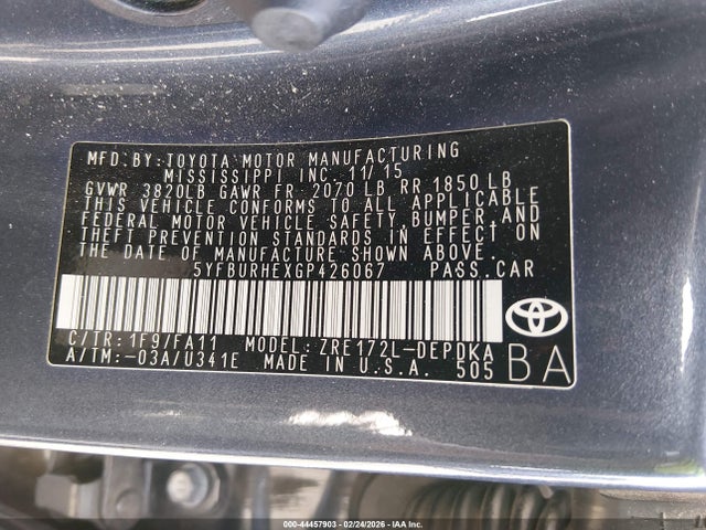 Toyota COROLLA L 2016 5YFBURHEXGP426067 Image 9