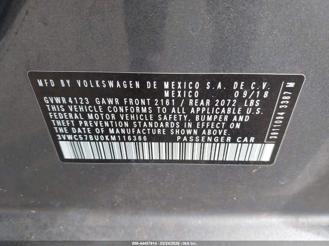 Aukcja sprzedaży 2019 Volkswagen Jetta, vin: 3VWC57BU0KM116366, numer aukcji: 44457914