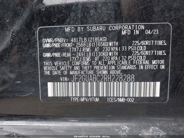 44457919 :رقم المزاد ، JF2GUABC2RH228288 vin ، 2024 Subaru Crosstrek مزاد بيع