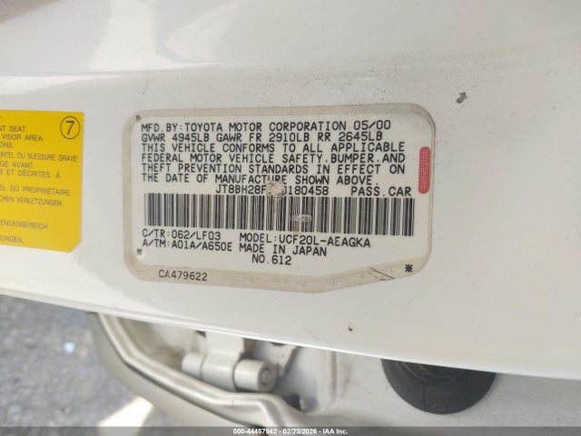 Aukcja sprzedaży 2000 Lexus Ls 400, vin: JT8BH28F1Y0180458, numer aukcji: 44457942