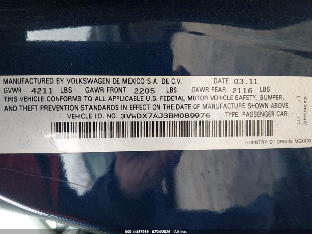 2011 Volkswagen Jetta 2.5l Se მანქანა იყიდება აუქციონზე, vin: 3VWDX7AJ3BM089976, აუქციონის ნომერი: 44457969