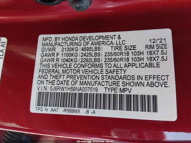 5J6RW1H59NA007519 Honda Cr-v 2wd Ex