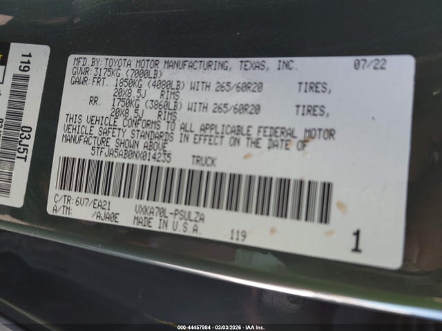 Toyota Tundra Limited 2022 5TFJA5AB0NX014235 Image 9
