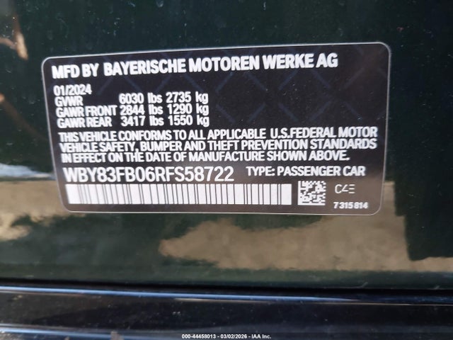 Aukcja sprzedaży 2024 Bmw I4 Gran Coupe Xdrive40, vin: WBY83FB06RFS58722, numer aukcji: 44458013
