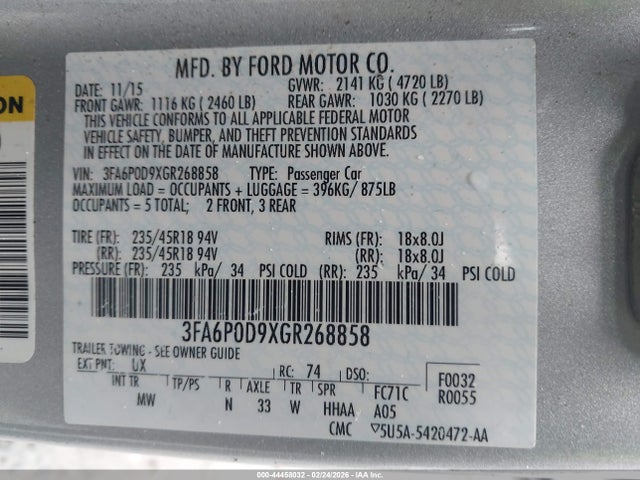 Продаж на аукціоні авто 2016 Ford Fusion Titanium, vin: 3FA6P0D9XGR268858, номер лоту: 44458032