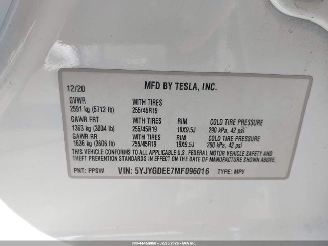 Продаж на аукціоні авто 2021 Tesla Model Y Long Range Dual Motor All-wheel Drive, vin: 5YJYGDEE7MF096016, номер лоту: 44458068