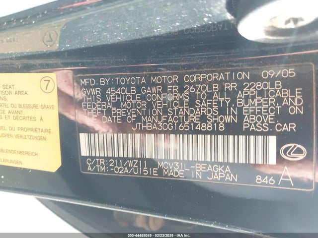 Aukcja sprzedaży 2006 Lexus Es 330, vin: JTHBA30G165148818, numer aukcji: 44458089
