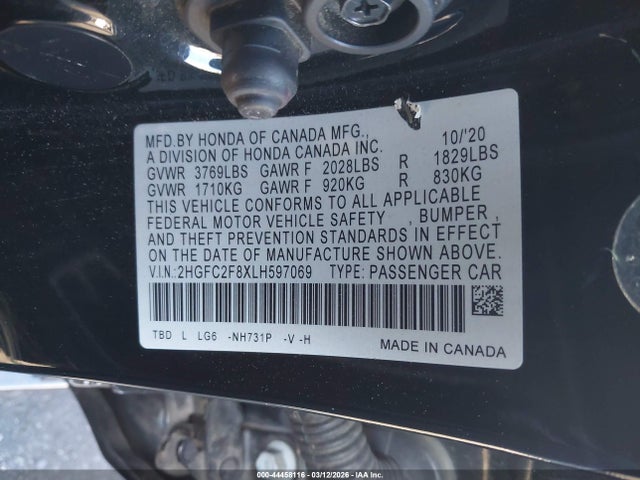2020 Honda Civic Sport მანქანა იყიდება აუქციონზე, vin: 2HGFC2F8XLH597069, აუქციონის ნომერი: 44458116